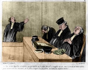 Karykatura Daumiera: Seria „Les Gens de Justice”” opublikowana w „Charivari” z 15.08.1845. Prawnik śpiący w sądzie.