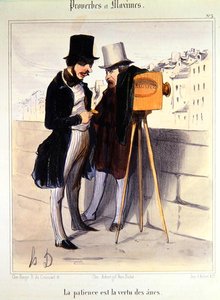 Komiks wyśmiewający czas potrzebny do wykonania zdjęcia dagerotypowego, ok. 1840 r. (litografia kolorowa) autorstwa Honoré Daumier