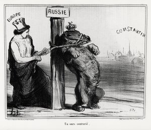 Rosja: niedźwiedź zdenerwowany (przez Europę). W marcu 1854 Francja i Anglia zawarły sojusz z Turcją przeciwko Rosji Ilustracja Honore Daumier (1808-1879), opublikowana w wiadomościach „Charivari” autorstwa Honoré Daumier