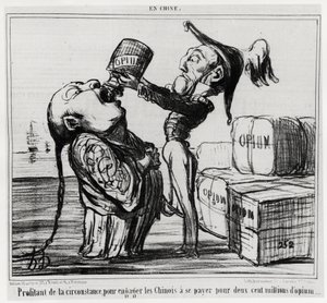 Druga wojna opiumowa (1856-1860): W 1858 r. rząd chiński zgodził się zalegalizować handel opium. „”Wykorzystanie okoliczności, aby zaangażować Chińczyków do zapłaty za dwieście milionów opium””, w serii En Chine, ilustracja Honore Daumier (1 autorstwa Honoré Daumier