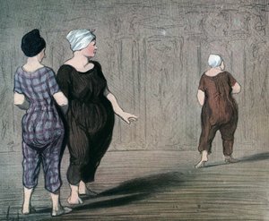 Cykl „Les batheuses”” dwie kobiety w strojach kąpielowych przyglądają się krojowi innej, karykatura autorstwa Honore Daumier (1808-1879) 1844 (Kąpiące się: dwie panie w kostiumie kąpielowym, patrzą w górę i w dół na talię drugiej) Prywatne kolekcja autorstwa Honoré Daumier