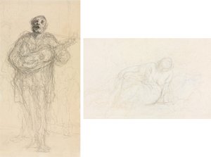 Śpiewający gitarzysta (recto); Pochylona kobieta oparta na ramieniu (verso) autorstwa Honoré Daumier