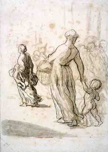 Dwie kobiety i dziecko, ok. 1848-50 (kreda, węgiel i gwasz na antycznym papierze wykładanym) autorstwa Honoré Daumier