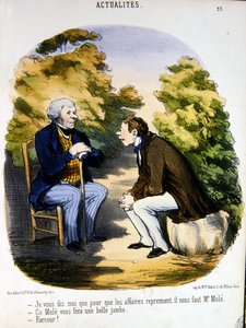 Dwóch mężczyzn rozmawiających o polityce i użyteczności hrabiego de Mole (kolor lito) autorstwa Honoré Daumier