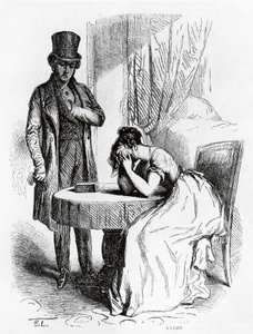 Kobieta pogrążona w rozpaczy pod spojrzeniem mężczyzny, ilustracja z Ferragusa Honore de Balzaca (1799-1850), wydanie francuskie