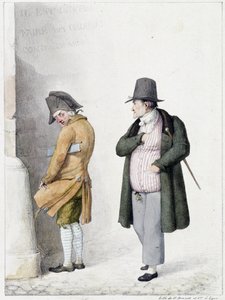 Mężczyzna oddający mocz przy ścianie i kolejni przechodnie - litografia Bruneta autorstwa Horace Antoine Brunet