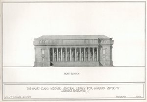 Elewacja frontowa, Harry Elkins Widener Memorial Library dla Uniwersytetu Harvarda, Cambridge, Massachusetts (lito) autorstwa Horace Trumbauer