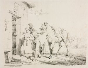 Huzar obejmujący sługę autorstwa Emile Jean Horace Vernet