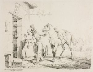 Huzar obejmujący sługę. autorstwa Emile Jean Horace Vernet