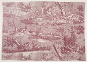 Fragment bawełnianego miedziorytu z nadrukiem przedstawiającym scenę myśliwską autorstwa Horace Vernet