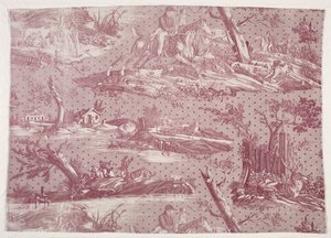 Fragment bawełnianej drukowanej miedziorytowanej ze wzorem scen myśliwskich, ok. 1930 r. 1815. autorstwa Emile Jean Horace Vernet