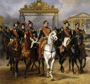 Ludwik Filip i jego synowie na koniu w tym opuszczą Wersal w zamku, 10 czerwca 1837 r autorstwa Emile Jean Horace Vernet
