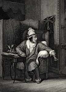 Scena z Imaginary Invalid Moliere, Horace Vernet, rycina - Le Malade imaginaire Jean-Baptiste Poquelin dit Moliere (1622-1673) autorstwa Emile Jean Horace Vernet