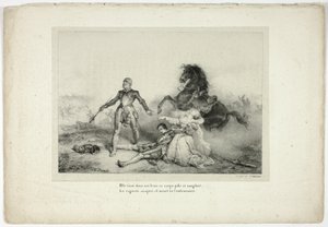 Trzymała w swoich ramionach zwłoki blade i zakrwawione... autorstwa Emile Jean Horace Vernet