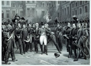 Pożegnanie Napoleona Bonaparte (1769-1821) z gwardią cesarską na dziedzińcu Cheval Blanc w Fontainebleau 20.04.1814 Rycina Emile Vernet dit Horace Vernet (1789-1863) 1814 Paryż, B.N. autorstwa Emile Jean Horace Vernet