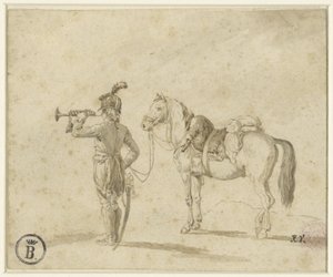 Trębacz obok konia autorstwa Emile Jean Horace Vernet