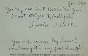 Fragment pierwszego listu napisanego przez Nelsona po utracie prawej ręki autorstwa Horatio Nelson