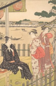 Grupa w herbaciarni nad brzegiem rzeki Sumida, ca. 1790. autorstwa Hosoda Eishi