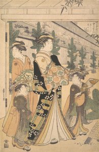 Dwóch Oiran z dwiema asystentkami w Yoshiwara. autorstwa Hosoda Eishi