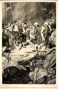 Poddanie się kapitana Pearsona Johnowi Paulowi Jonesowi na pokładzie "Bonhomme Richard" w 1779 r. (lito)