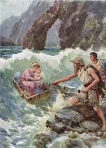 Pociągnął ją i dziecko bezpieczne na półce skalnej. Z Jak Perseusz i jego matka przybyli do Seriphos (kolor lito)
