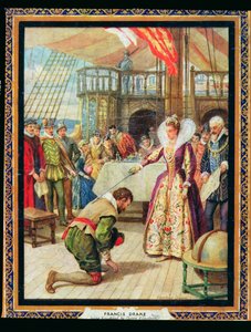 Królowa Elżbieta I (1530-1603), rycerze Francis Drake (1540-96), ilustracja z „Bohaterowie historii” (kolor lito)