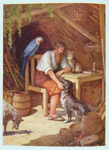 Robinson Crusoe w swojej chacie, ilustracja z „Robinson Crusoe” Daniela Defoe (1660-1731) (kolor lito)