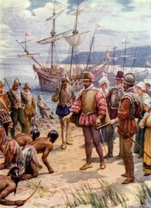 Sir Walter Raleigh, lądowanie w Wirginii (kolor lito) autorstwa Howard Davie
