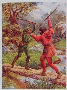 Walka pomiędzy Robin Hoodem a Małym Johnem, ilustracja z filmu „Robin Hood and his Life in the Merry Greenwood”, opowiedziana przez Rose Yeatman Woolf, opublikowana przez Raphaela Tucka autorstwa Howard Davie