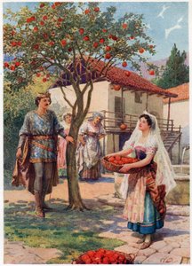 „Owoc sam wpadł do kosza”, z włoskich bajek, autorstwa Lilia E. Romano, opublikowanych przez Raphael Tuck & Sons (kolor litho) autorstwa Howard Davie