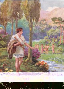 „W cieniu skał i drzew tańczyły nimfy i pasterze”, ilustracja do „Jak Tezeusz zabił pożeraczy ludzi”, z książki „Bohaterowie greckich baśni” Charlesa Kingsleya (1819-75) (kolor lito) autorstwa Howard Davie