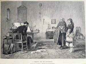 Dwie Irlandki przynoszą zakonnikowi prezent. Rycina H. Werdmullera po obrazie H. Helmicka w XIX wieku.
