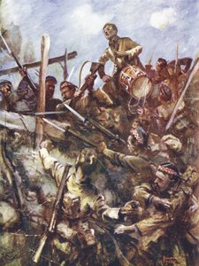 Perkusista Walter Ritchie stojący na balustradzie wroga, by ogłosić szarżę, pod ostrzałem ciężkich karabinów maszynowych i atakami bombowymi, Beaumont Hamel, Francja, 1 lipca 1916