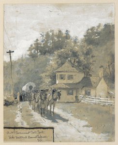 Stara rządowa bramka poboru opłat z ekspresem jadącym na zachód, rysunek ilustracji do artykułu „The Old National Pike” autorstwa Williama Henry