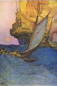 Atak na galeon z Księgi piratów Howarda Pylesa wydanej przez Harper & Bros, 1921