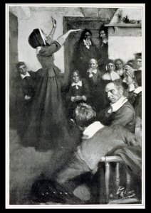 Anne Hutchinson nauczanie w swoim domu w Bostonie, 1637, ilustracja z „Kolonie i naród” Woodrowa Wilsona, wyd. w Magazynie Harpera, 1901 autorstwa Howard Pyle