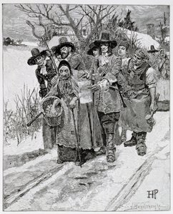 Aresztowanie czarownicy, grawerowane przez J. Bernstroma, ilustracja z „Drugiego pokolenia Anglików w Ameryce” Thomasa Wentwortha Higginsona, wyd. w Magazynie Harpera, 1883 autorstwa Howard Pyle
