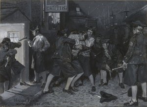 Pod szyldem Gryfa, rysunek ilustracji do artykułu „Dawne nowojorskie kawiarnie” autorstwa Johna Austina Stevensa autorstwa Howard Pyle