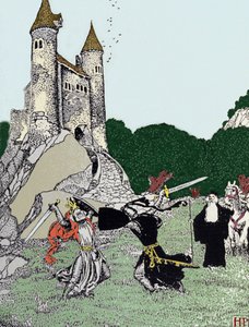 Bitwa między królem Arturem (Artusem) a czarnym rycerzem w obecności czarującego Merlina. Ilustracja Howarda Pyle