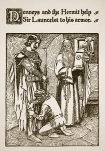 Denneys i pustelnik pomagają Sir Launcelotowi zdobyć zbroję, ilustracja z „Historii Sir Launcelota i jego towarzyszy”, 1907 autorstwa Howard Pyle
