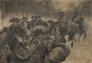 Pięciu konnych żołnierzy w czerwonych płaszczach i jeszcze jeden w pelerynie na oczach... Wokół nich pstrokata zbieranina biedaków, młodych i starych. autorstwa Howard Pyle