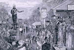 „Generał Jackson, prezydent elekt, w drodze do Waszyngtonu”, ilustracja z „Postępu prezydenckiego”, wyd. w Tygodniku Harpera, 1881 autorstwa Howard Pyle
