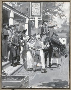 Zatrzymuje się przy znaku wiatrowskazu, rysuje ilustrację do wiersza autorstwa Howard Pyle