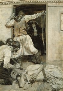 Widziałem, jak przepuszcza miecz przez ciało partnera, z „Porwanego”, opublikowanego w „Powieściach i opowieściach Roberta Louisa Stevensona” autorstwa Howard Pyle