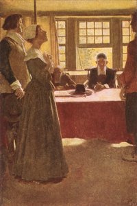 Mary Dyer przywieziona przed gubernatora Endicotta, ilustracja z „Wiszącej Mary Dyer” Basila Kinga, wyd. w Magazynie McClure