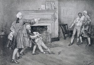 Spotkanie kapitana Tollemache i kapitana Penningtona w „The City Arms”, ilustracja z „Old New York Taverns” Johna Austina Stevensa, wyd. w Magazynie Harpera, 1890 autorstwa Howard Pyle