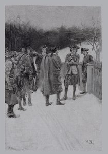 Paul Revere Bringing News to Sullivan, grawerowane przez F.H. Wellingtona, ilustracja z „The Gunpowder for Bunker Hill” Ballarda Smitha, wyd. w Magazynie Harpera, 1886 autorstwa Howard Pyle