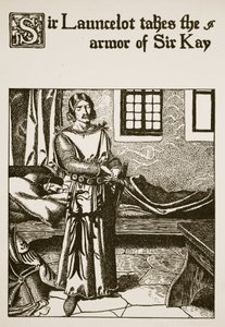 Sir Launcelot bierze zbroję Sir Kaya, ilustrację z „Historii mistrzów Okrągłego Stołu” autorstwa Howard Pyle