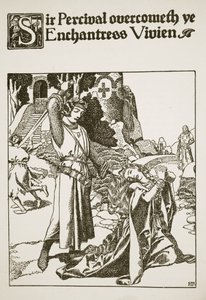Sir Percival pokonuje zaklinaczkę Vivien, ilustracja z "Opowieści o mistrzach Okrągłego Stołu". autorstwa Howard Pyle