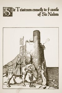Sir Tristram przybywa do zamku Sir Nabona, ilustracja z "Opowieści o Mistrzach Okrągłego Stołu". autorstwa Howard Pyle
